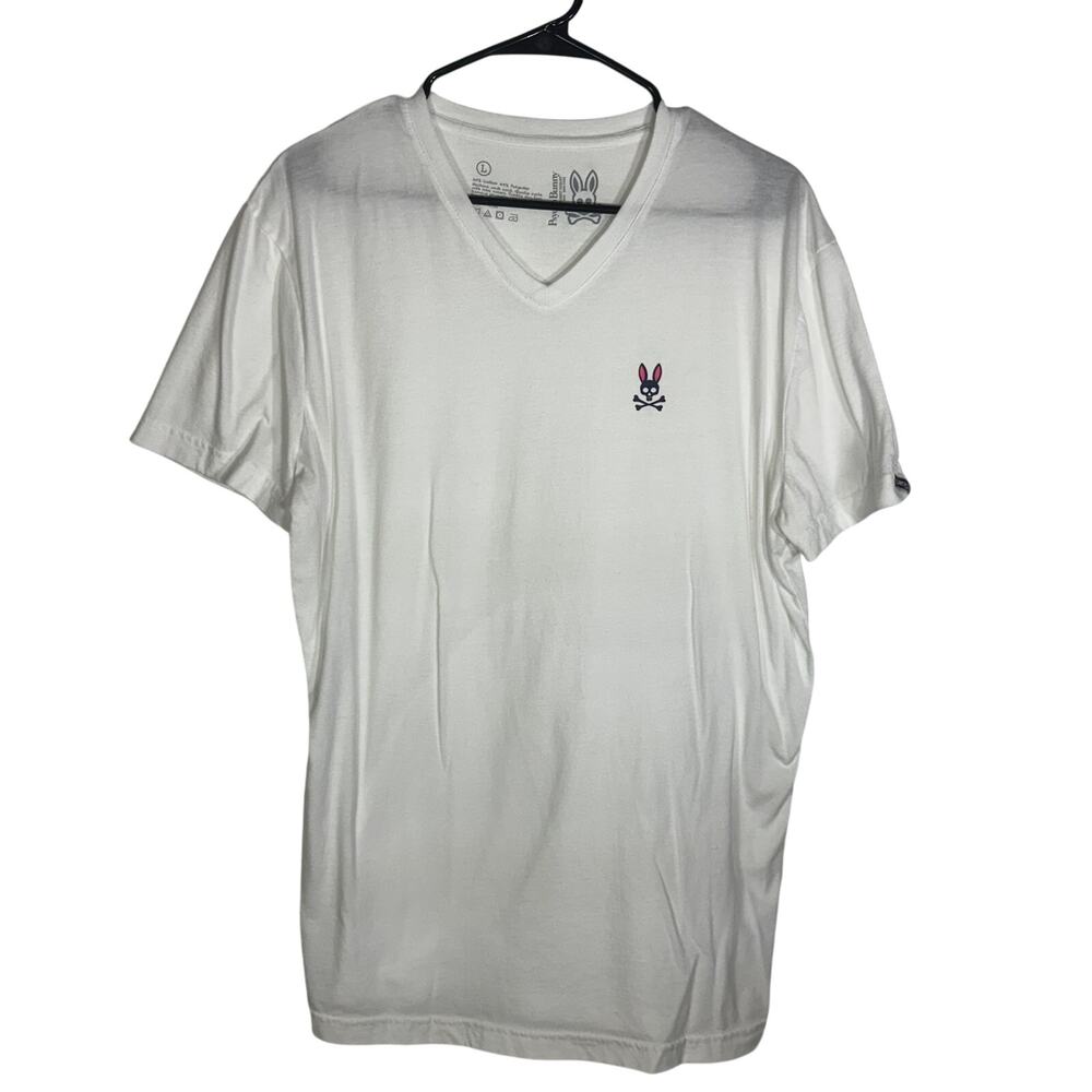 Psycho Bunny White V-Neck Logo T-Shirt Men's Large Pink Bunny Skull Cotton
